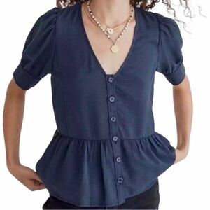 Madewell Dark Navy Button-Front Peplum Top